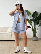 Women's New Blue & White Striped Summer Short Sleeve Shirt And Shorts Set